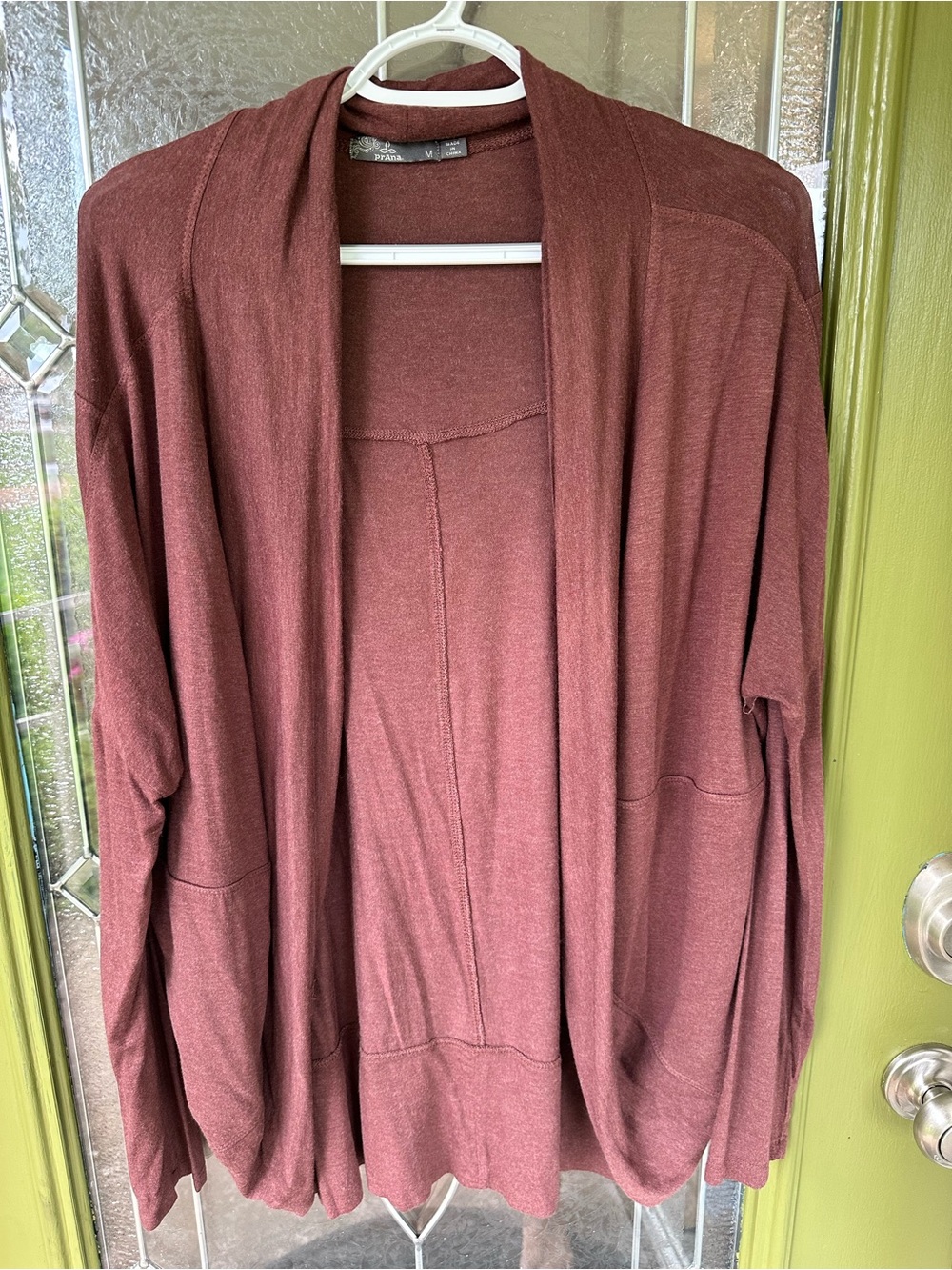 Prana Medium Women’s Burgundy Long Sleeve Open Cardigan Pockets Soft Comfy